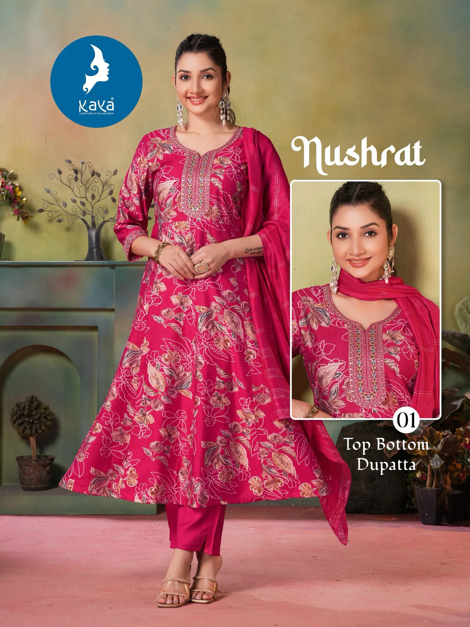 Nushrat By Kaya Veritcal Kurti With Bottom Dupatta Suppliers In India
